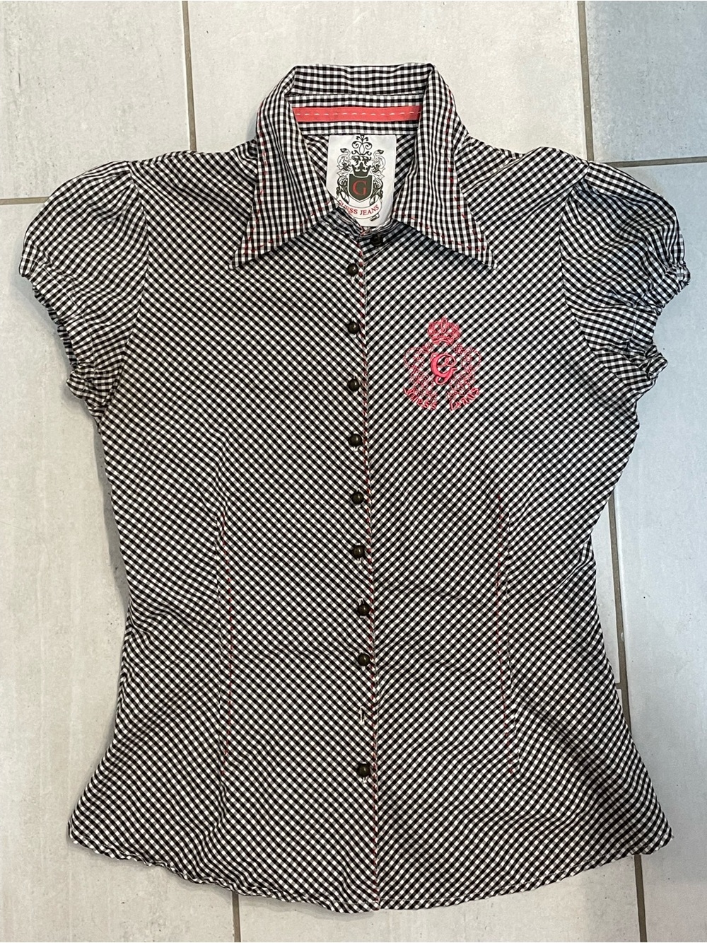 Guess Black & White Gingham Button-Up Top with Pink Embroidered Crest